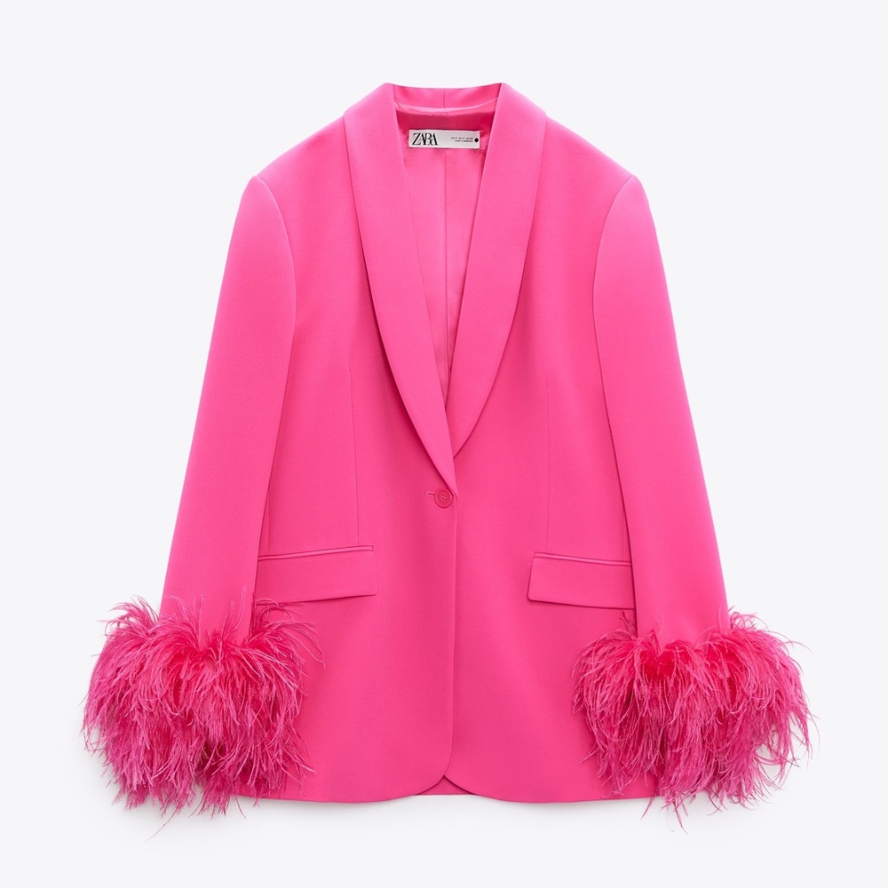 Zara Straight cut feather blazer in hot pink